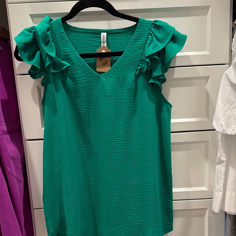 Zenana Outfitters Green Ruffle Sleeve Blouse